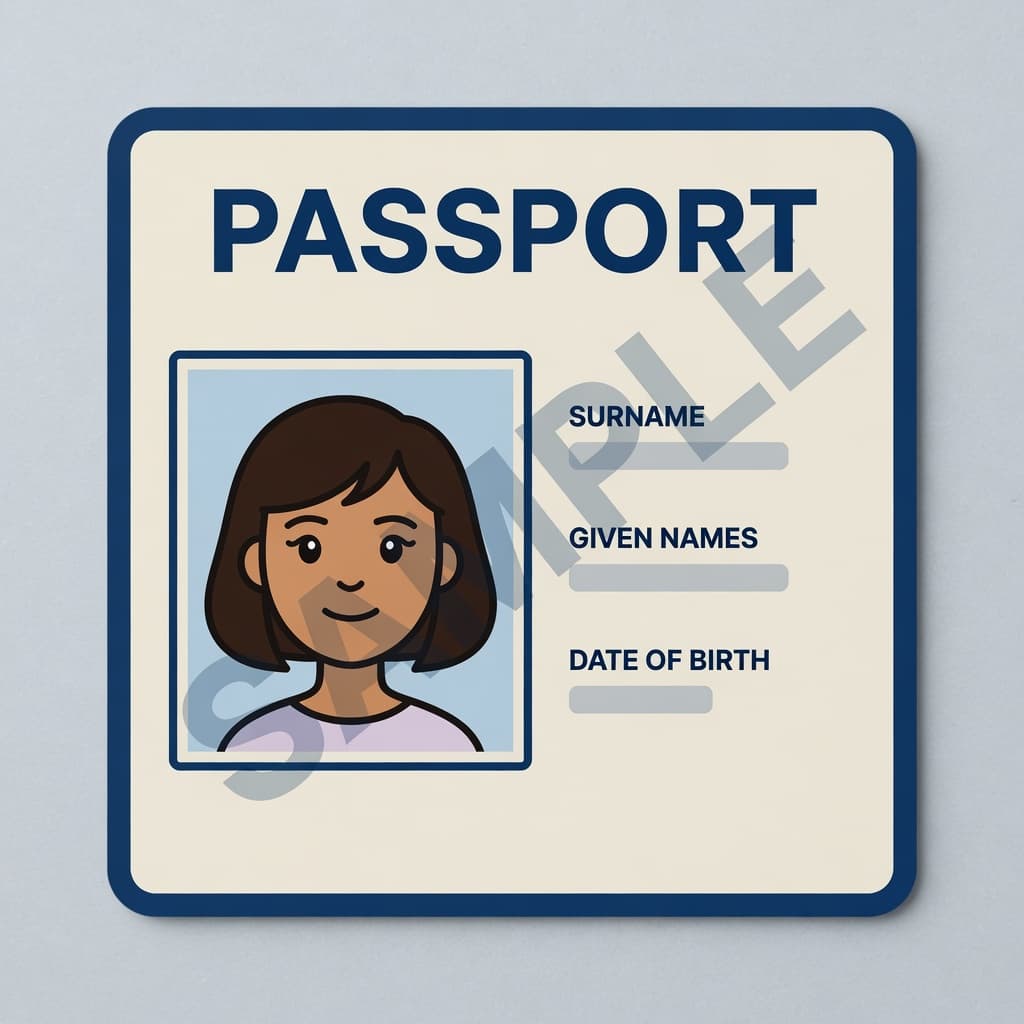Illustrated sample of a passport photo page labeled PASSPORT, with a cartoon portrait. Not a real passport.