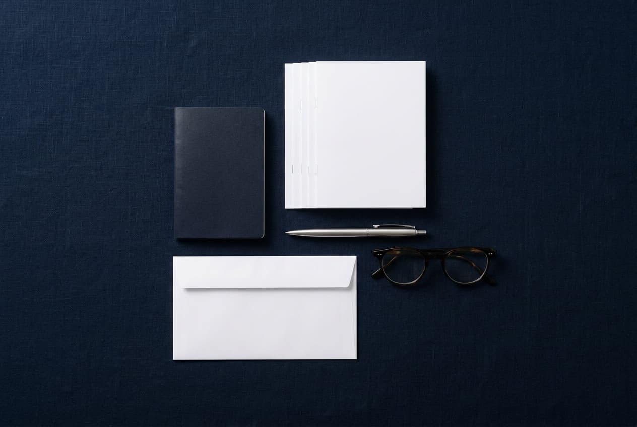 A passport, blank forms, a pen and an envelope laid out on a navy surface