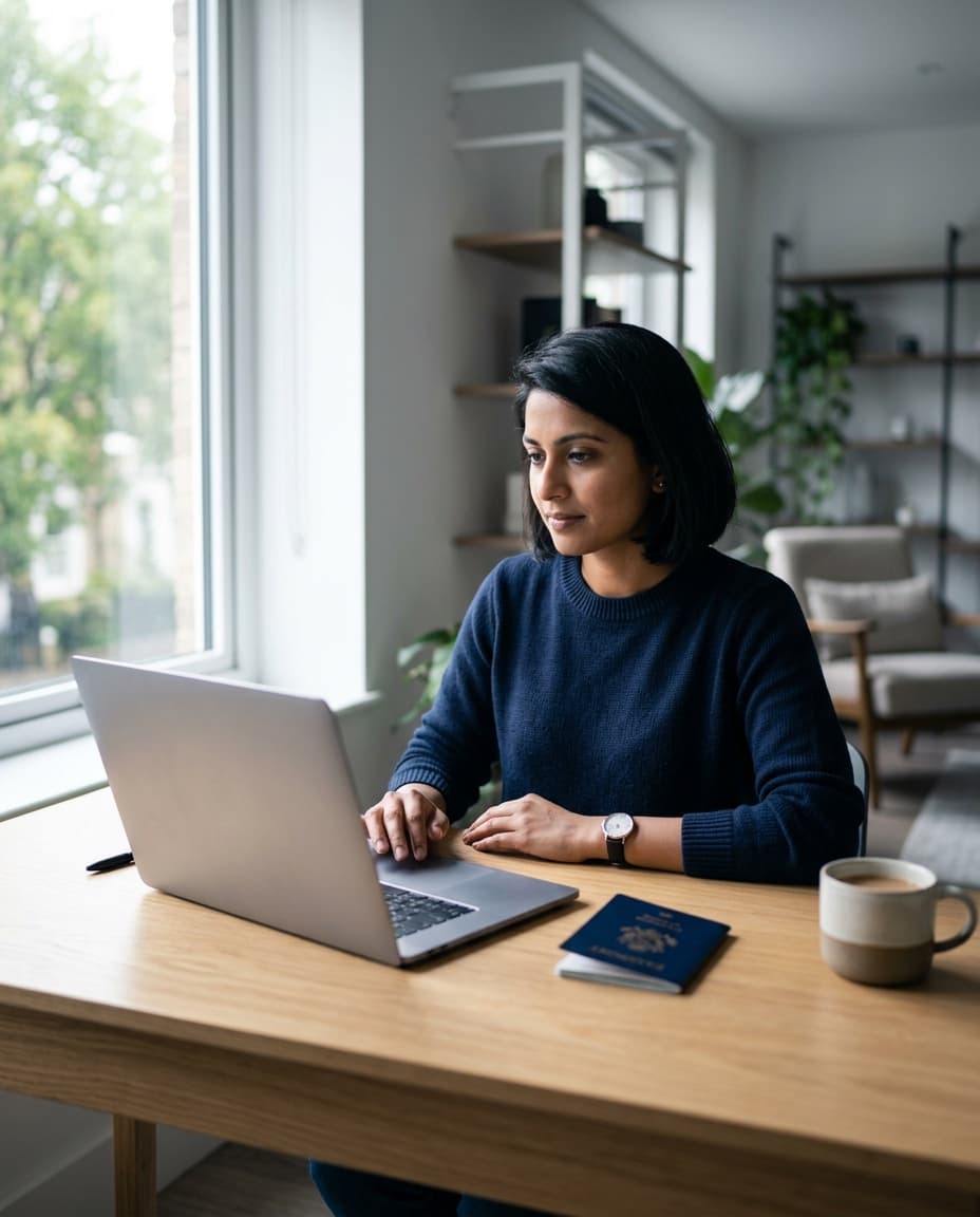 A woman completing an online application on her laptop at home, passport beside her