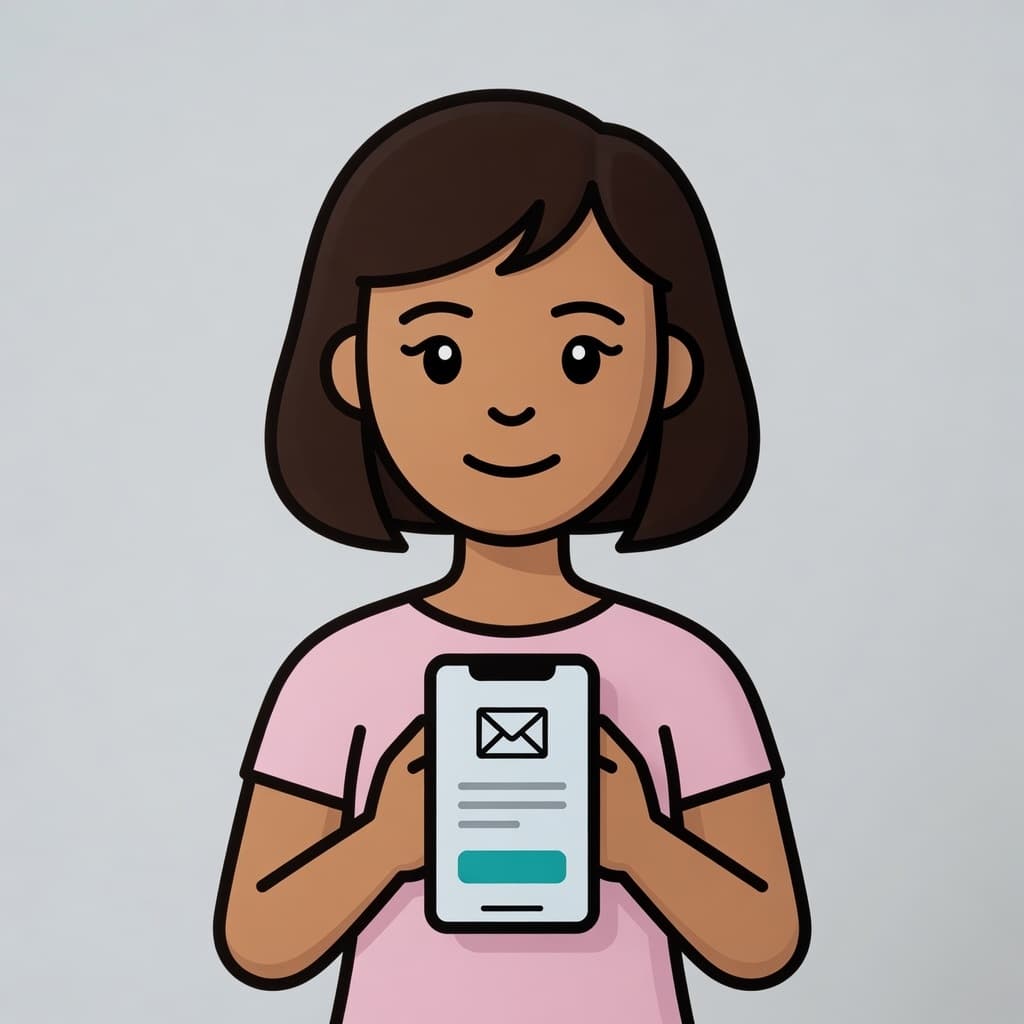 Illustrated sample of the same cartoon person holding a phone with an email, showing how to open the private identity-check link.