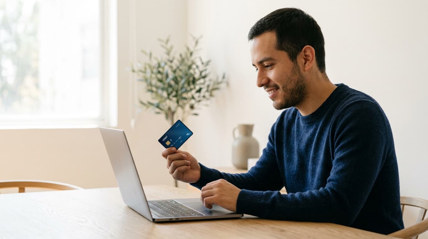 A smiling man holding a bank card while setting up an account on his laptop