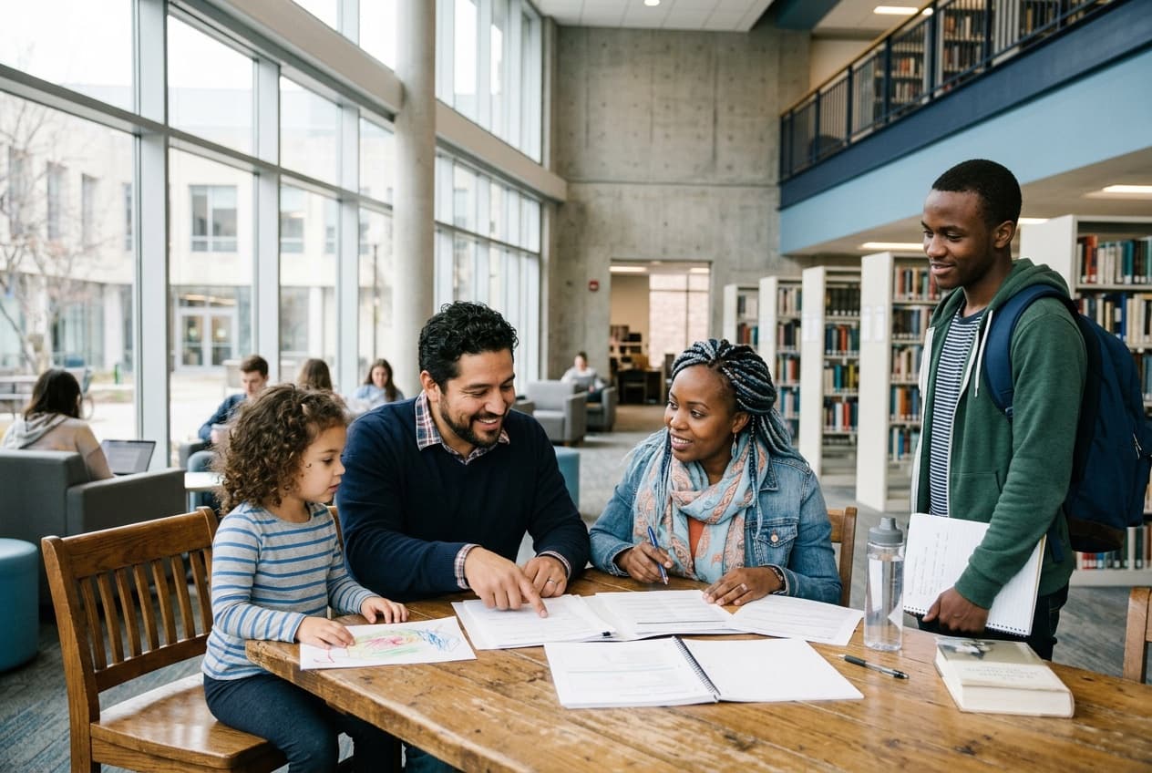 A family and a university student reviewing paperwork together in a library